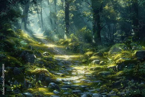 A mystical forest path with dappled sunlight and lush greenery