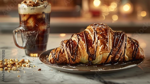 A mouthwatering photo of a chocolate hazelnut croissant filled with hazelnut spread, drizzled with chocolate ganache. Paired with cream soda on a marble countertop. photo