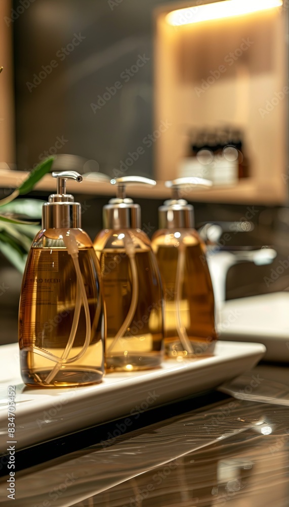 Three stylish bottles of shampoo and conditioner in a modern bathroom setting. Generative AI Three stylish bottles of shampoo and conditioner in a modern bathroom setting. Generative AI