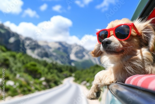 Cute happy puppy wearing red glasses on the road travel, close-up photos, in the summer, photo