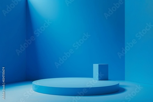 Minimalist Blue Podium With Square Platform and Light Source