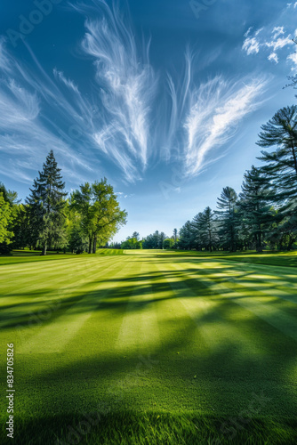 Wide angle view of a golf course with trees in the background 