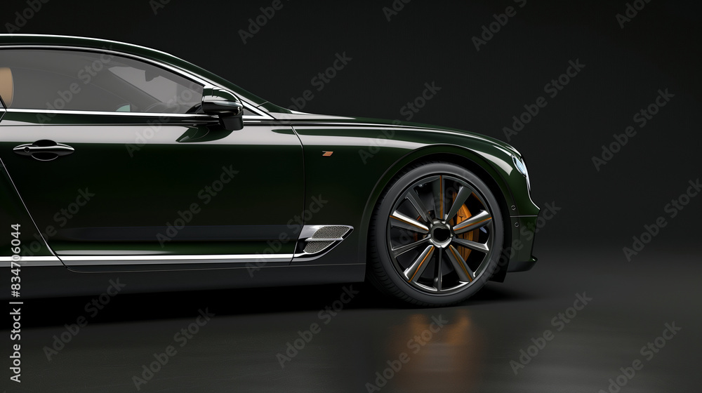 Half of a green luxury coupe from the front right side with copy space for text on a plain black background for high-end vehicle ads. Half of a green luxury coupe from the front right side with copy space for text on a plain black background for high-end vehicle ads.