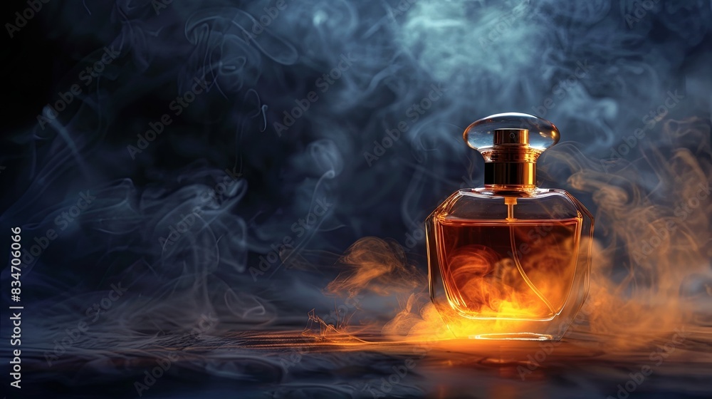 An elegant perfume bottle with a mist of fragrance in the air, set against a dark, moody background. Generative AI An elegant perfume bottle with a mist of fragrance in the air, set against a dark, moody background. Generative AI