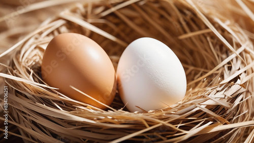 portrait of a pair of natural shell colored chicken eggs in a straw nest