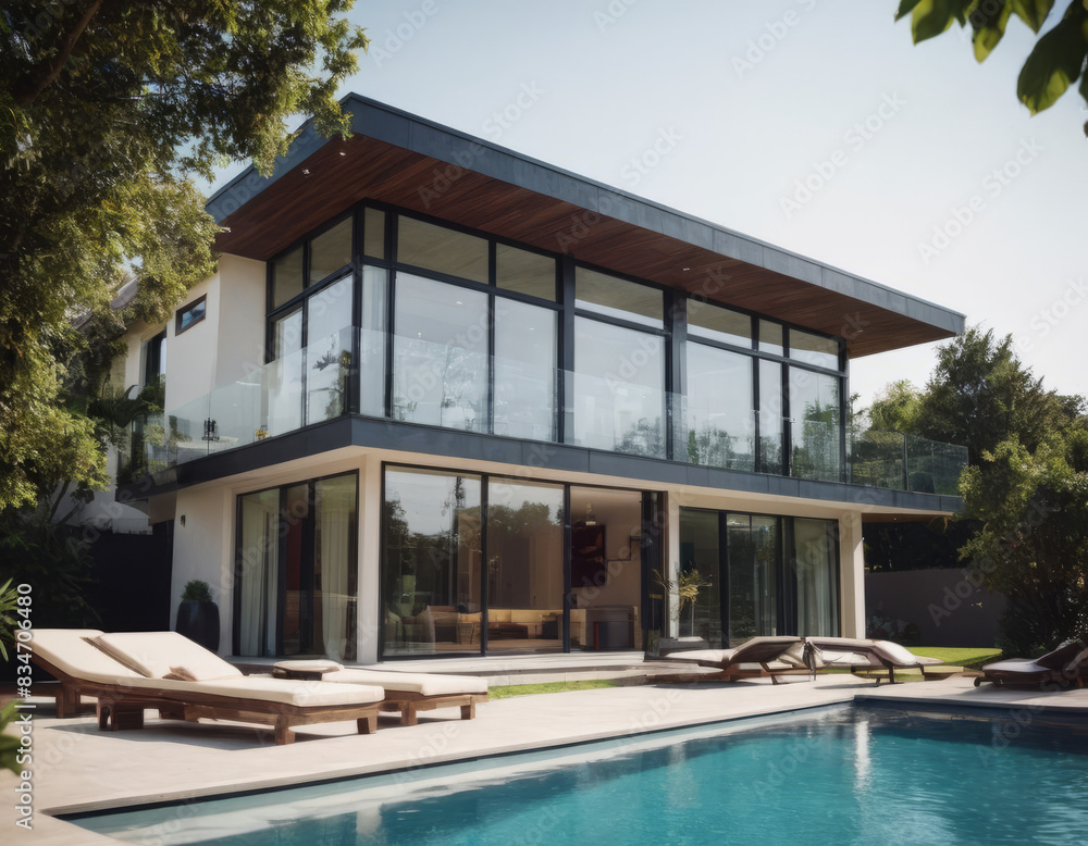 Obraz premium La residenza di lusso con facciata in cemento grezzo presenta una piscina con bordo a sfioro, integrata perfettamente nel giardino. 