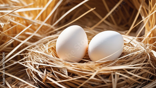 portrait of a pair of natural shell colored chicken eggs in a straw nest