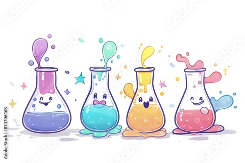 Cartoon cute doodles of a smiling flask mixing colorful liquids, Generative AI
