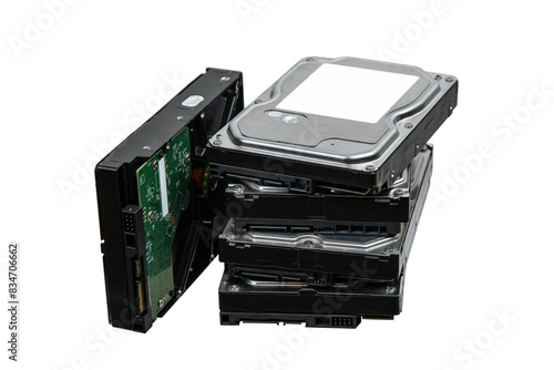 Hard drives stacked on top of each other. SATA 3.5 HDD for information storage. Isolate on a white back.