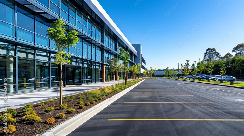 Sunprotected parking area in front of a sleek office building, empty of vehicles, contemporary and stylish Sunprotected parking area in front of a sleek office building, empty of vehicles, contemporary and stylish