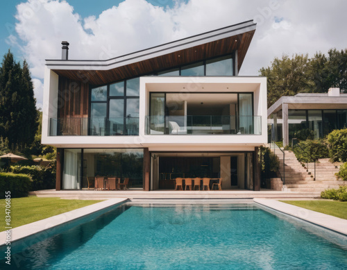 Una villa moderna con facciata in vetro e acciaio si apre su una piscina con angolo bar e area relax, ideale per ricevimenti all'aperto. 