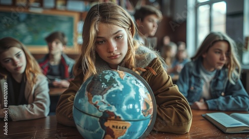 Thoughtful Teen Girl with Globe in Classroom Environment