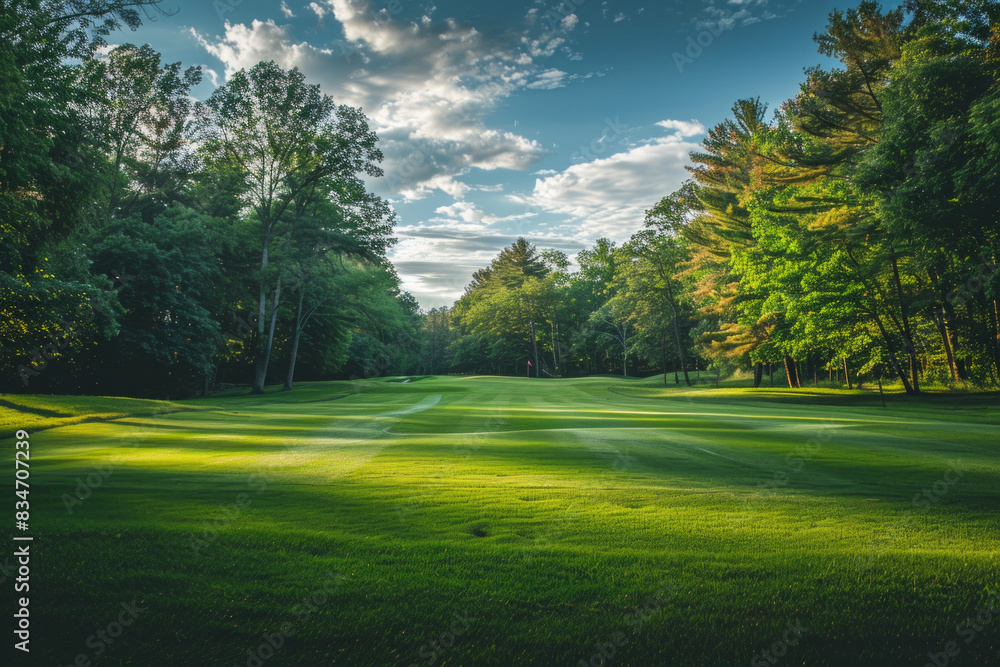 Naklejka premium Wide angle view of a golf course with trees in the background 