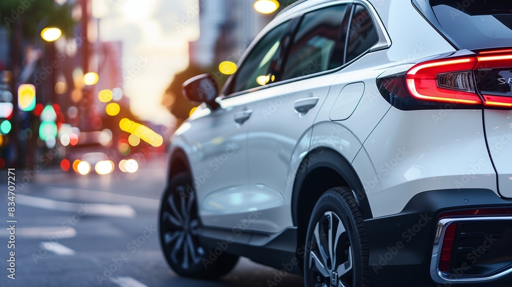 Half of a white hybrid SUV from the back right side with copy space for text on a blurred urban background for eco-friendly ads. Half of a white hybrid SUV from the back right side with copy space for text on a blurred urban background for eco-friendly ads.
