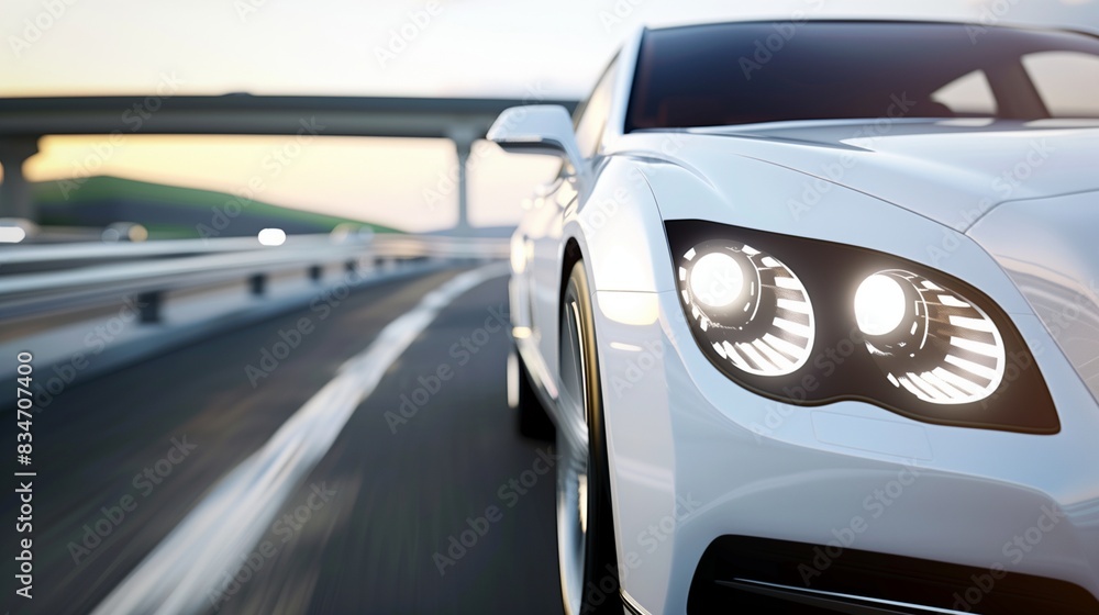 Half of a white luxury car from the front with headlights on, on a blurred highway background for ads with copy space for text Half of a white luxury car from the front with headlights on, on a blurred highway background for ads with copy space for text