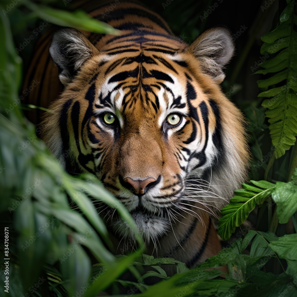 Obraz premium A tiger is standing in a lush green jungle