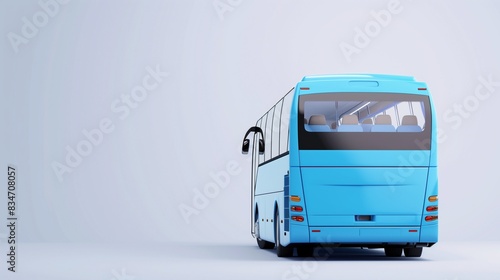 Minimalist blue bus back right view with copy space for text on plain background for ads