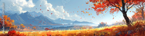 Anime style panoramic wide view of autumn  with orange trees and mountains with lake in background