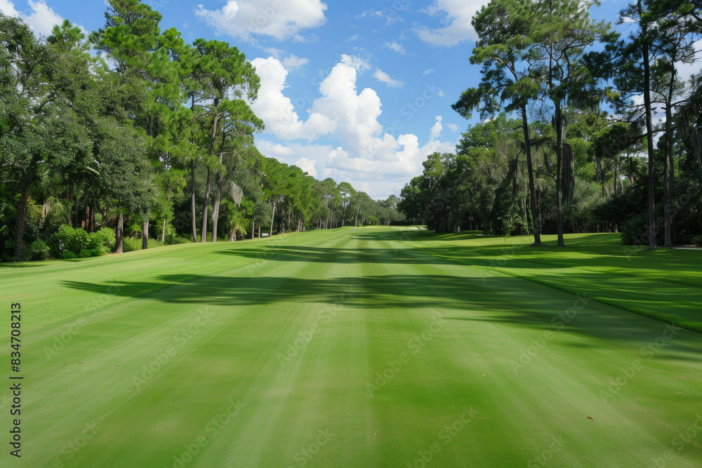 Wide angle view of a golf course with trees in the background 