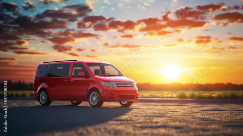Modern red minivan front left view with copy space for text on blurred sunset background for ads