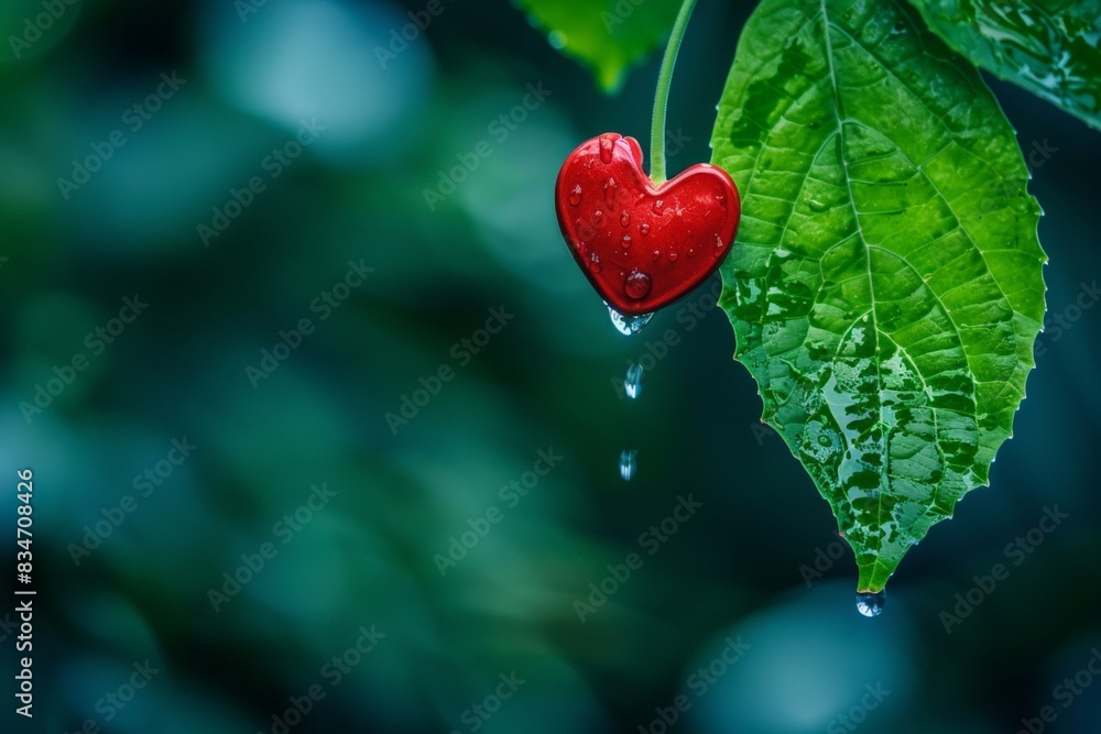 Obraz premium Close-up of a heart-shaped water droplet falling from a leaf after a workout, symbolizing the connection between exercise and health
