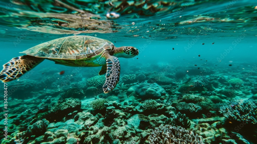 Obraz premium Sea Turtle Gliding Over Vibrant Coral Reef