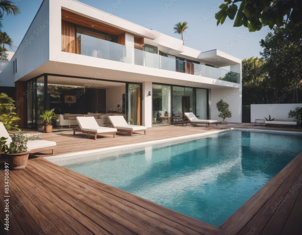 Fototapeta premium La casa minimalista ha una piscina con fondo in mosaico, creando un effetto scintillante sotto il sole. 