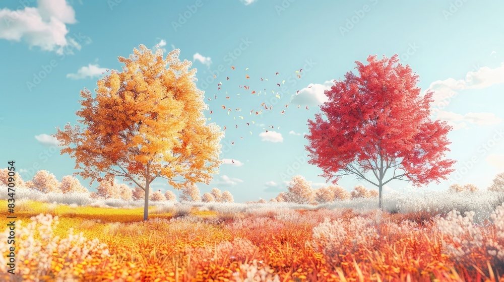 Two trees with vibrant fall foliage stand in a field of colorful wildflowers against a clear blue sky. Two trees with vibrant fall foliage stand in a field of colorful wildflowers against a clear blue sky.