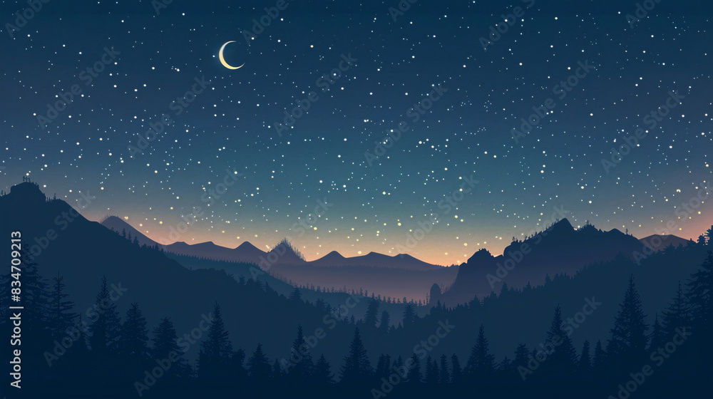 A mountain range with a full moon in the sky. The moon is in the middle of the sky and the mountains are in the background. The sky is dark and the stars are shining brightly A mountain range with a full moon in the sky. The moon is in the middle of the sky and the mountains are in the background. The sky is dark and the stars are shining brightly