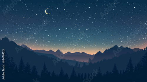 A mountain range with a full moon in the sky. The moon is in the middle of the sky and the mountains are in the background. The sky is dark and the stars are shining brightly