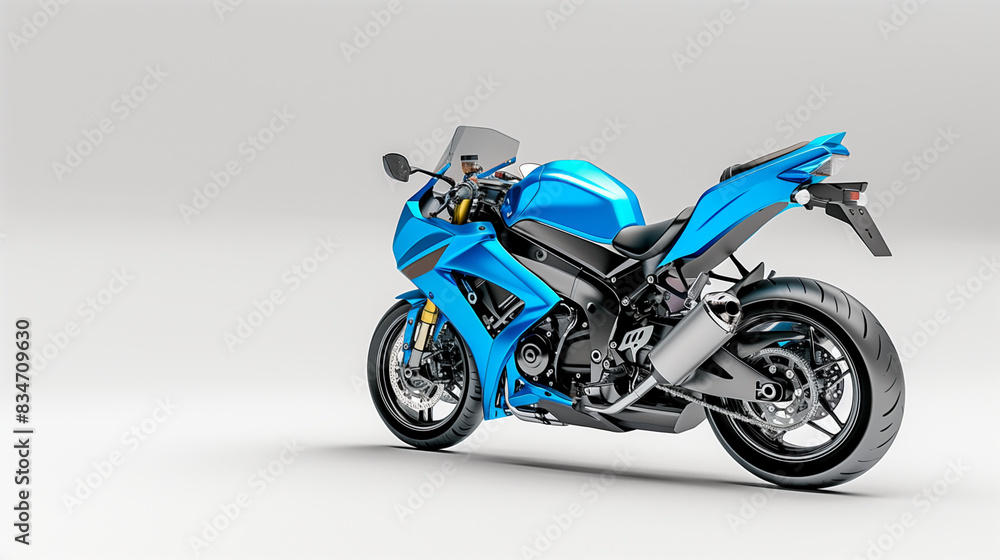 Sleek blue motorcycle back right view with copy space for text on plain background for ads Sleek blue motorcycle back right view with copy space for text on plain background for ads