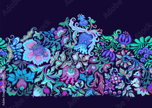 Fantasy, alien flowers, decorative flowers and leaves. Cartoon style. Millefleurs trendy floral design. Seamless pattern, background. Vector illustration.