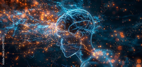 Collaborative AI synaptic debrief, futuristic tech minds, glowing neural pathways, blue and orange digital sparks, advanced brain interface photo