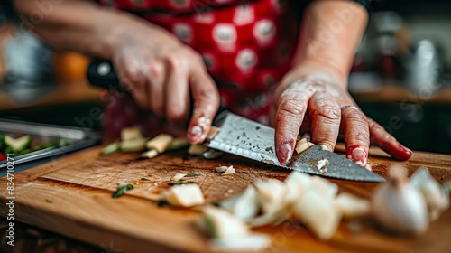  A tight shot of someone wielding a knife over a cutting board Food rests beside the board, while a second knife lies in its center photo