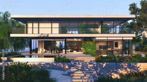  imagine  A modern Bayside home with a cantilevered upper floor  featuring expansive glass walls and a minimalist aesthetic. The property includes a beautifully landscaped garden and a sleek infinity 