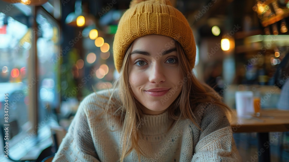 Radiant Young Woman in Knit Hat Smiling at Cafe Radiant Young Woman in Knit Hat Smiling at Cafe