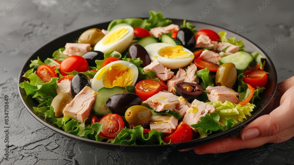 A close-up of a plate with meat, eggs, tomatoes , lettuce, olives, and cucumber A close-up of a plate with meat, eggs, tomatoes , lettuce, olives, and cucumber