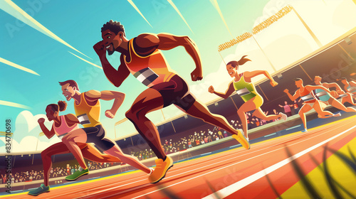 Cartoon athletes competing in a vibrant 100-meter sprint race at a colorful stadium with cheering spectators and an electrifying atmosphere