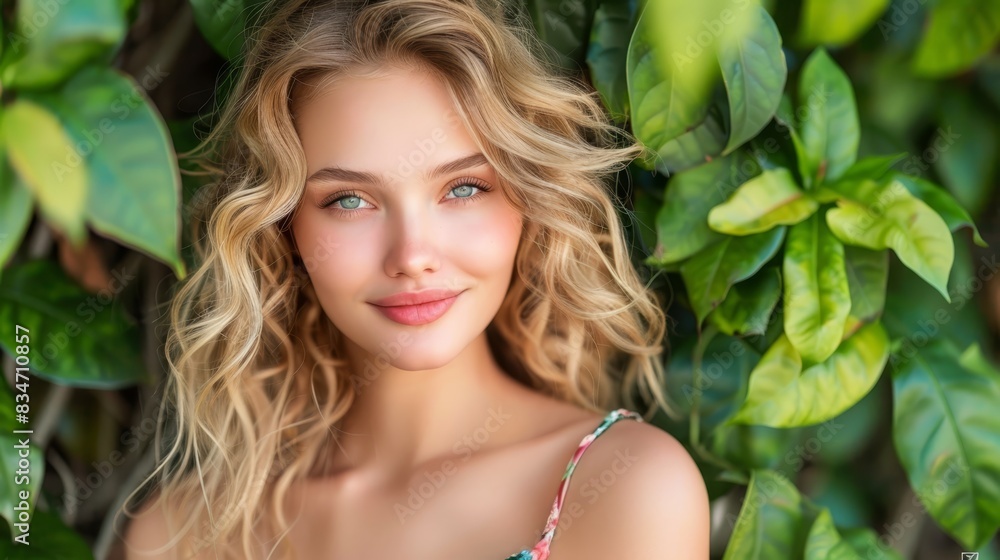A woman with blonde hair and blue eyes smiles at the camera, posing in front of a bush of green leaves Behind her, another bush of leaves is visible A woman with blonde hair and blue eyes smiles at the camera, posing in front of a bush of green leaves Behind her, another bush of leaves is visible
