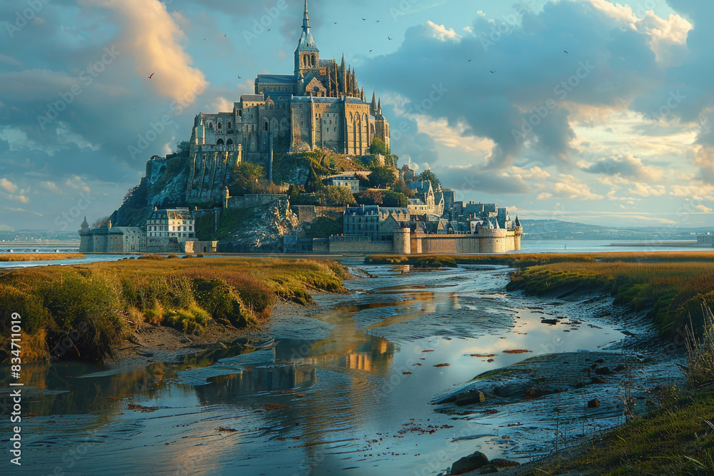 Mont-Saint-Michel in France with its medieval abbey perched atop a rocky island
