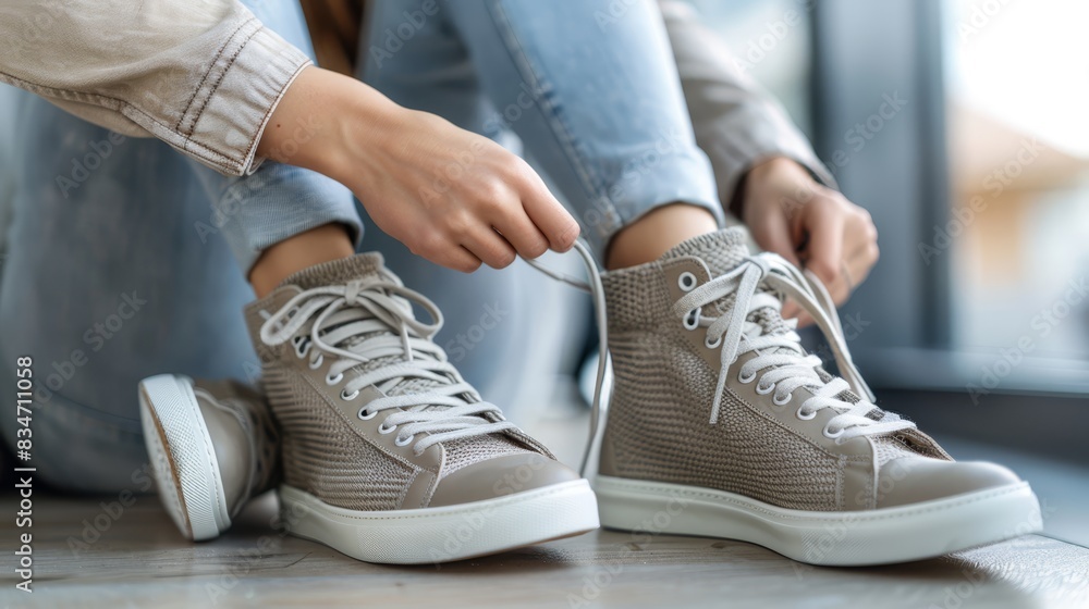 A woman ties shoes on a wooden floor, their white lace-up sneakers contrasting against it In the background, a window frames the scene A woman ties shoes on a wooden floor, their white lace-up sneakers contrasting against it In the background, a window frames the scene