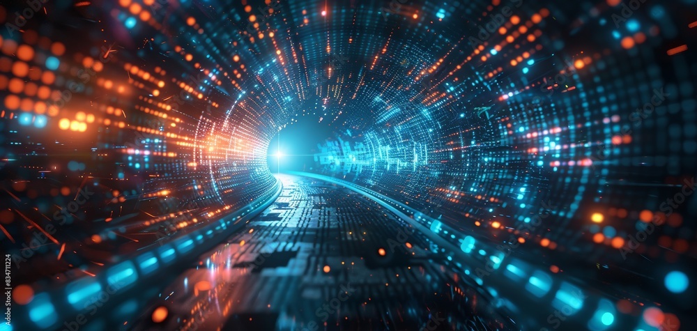 Digital data at light speed, tech tunnel visualization, vibrant colors, hightech theme, futuristic concept Digital data at light speed, tech tunnel visualization, vibrant colors, hightech theme, futuristic concept