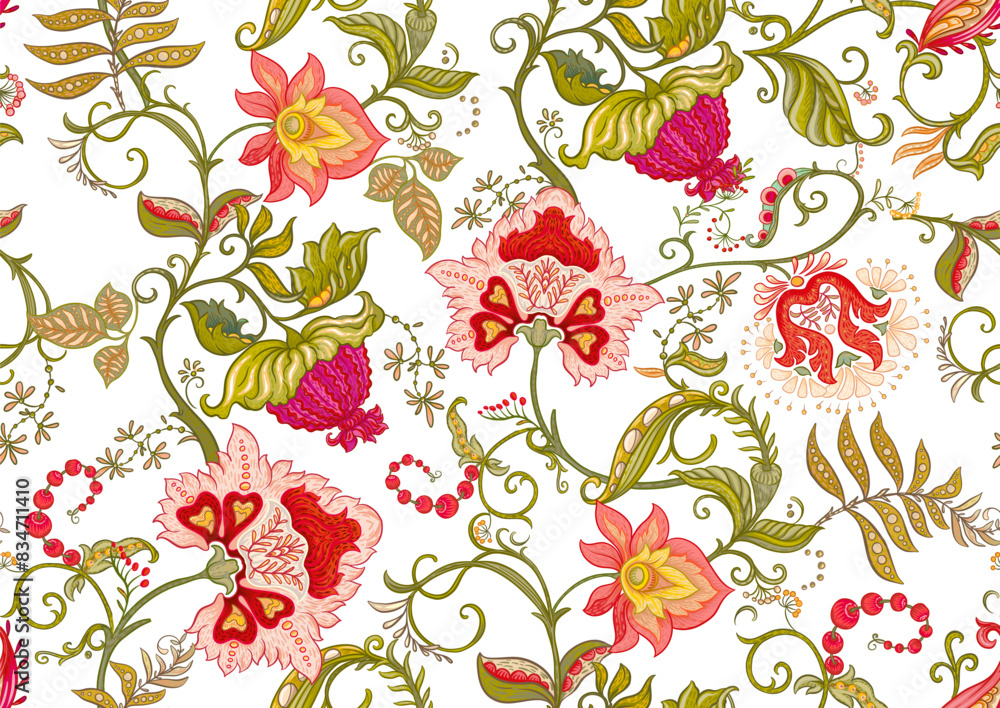 custom made wallpaper toronto digitalFantasy flowers in retro, vintage, jacobean embroidery style. Seamless pattern, background. Vector illustration.