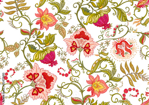 Fantasy flowers in retro, vintage, jacobean embroidery style. Seamless pattern, background. Vector illustration.