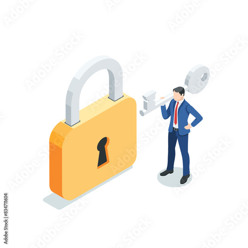 isometric vector business man with a key stands near the lock, in color on a white background, data access or password