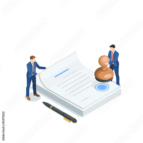 isometric vector business man putting a stamp on a document, in color on a white background, paperwork or notary