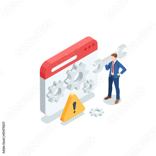 isometric vector business man with a wrench standing near a program window with gears and an exclamation mark, in color on a white background, system recovery or repair