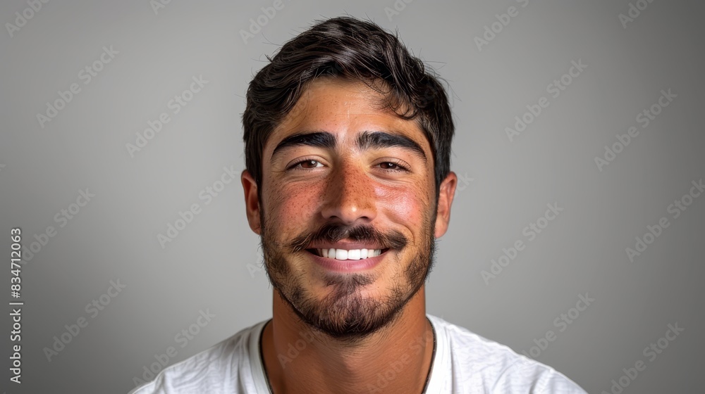 A man in a white T-shirt, wearing both a moustache and goatee, smiles at the camera A man in a white T-shirt, wearing both a moustache and goatee, smiles at the camera