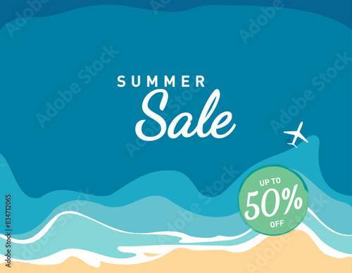 Hot summer sale promotional banner, top view of the sea reaching the coastline, plane with shadow, vector illustration