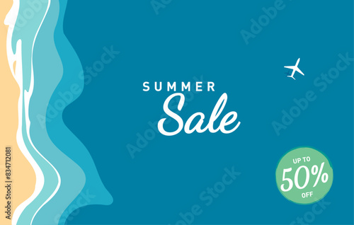 Hot summer sale promotional banner, top view of the sea reaching the coastline, plane with shadow, vector illustration